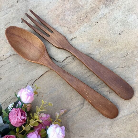 Vintage Hardwood Spoon Fork Salad Serving Decorative Utensil Set - Picture 4 of 13